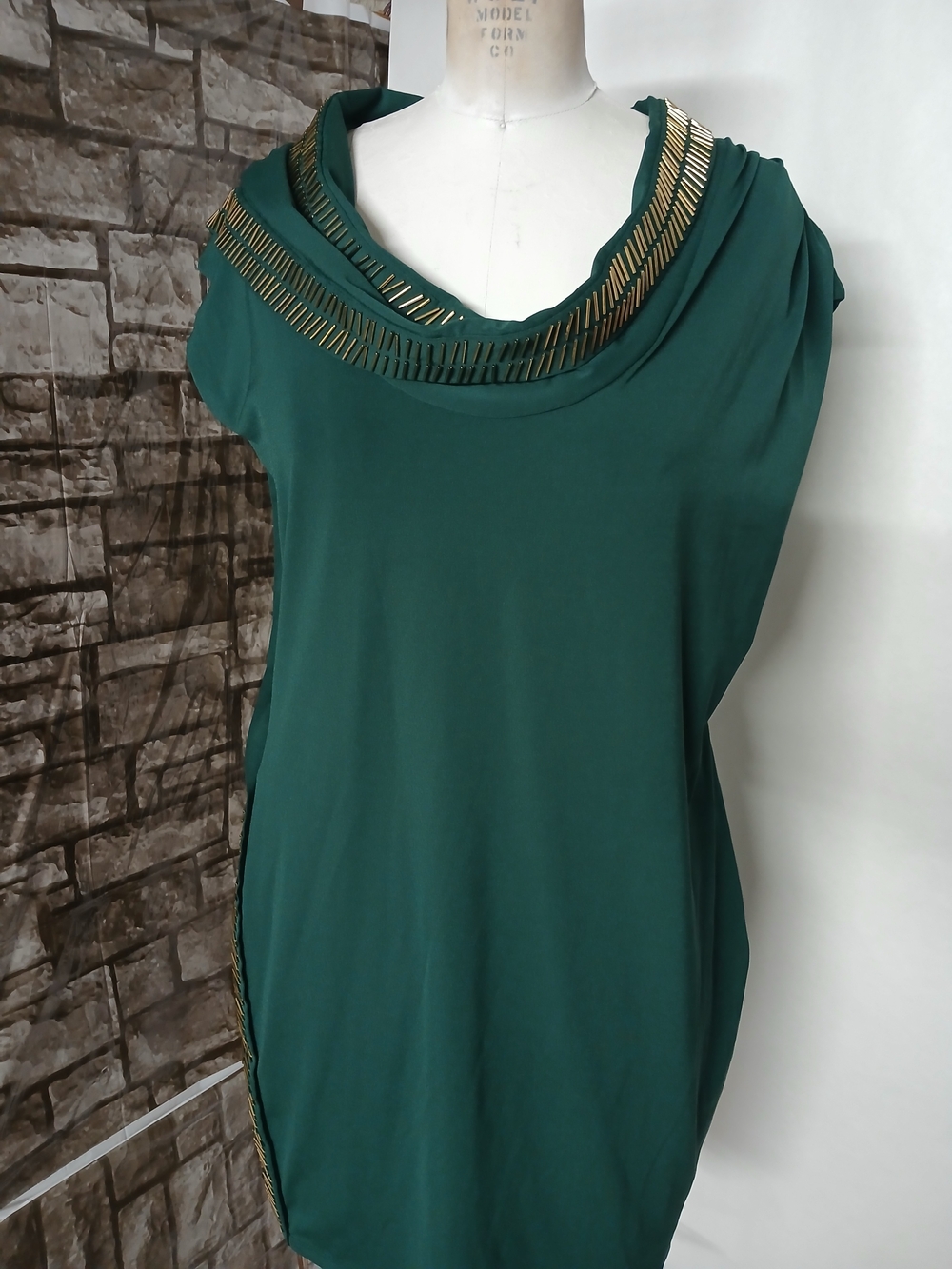 Moda International Emerald Green Cowl Neck Mini Dress with Gold Accents - Picture 3 of 9